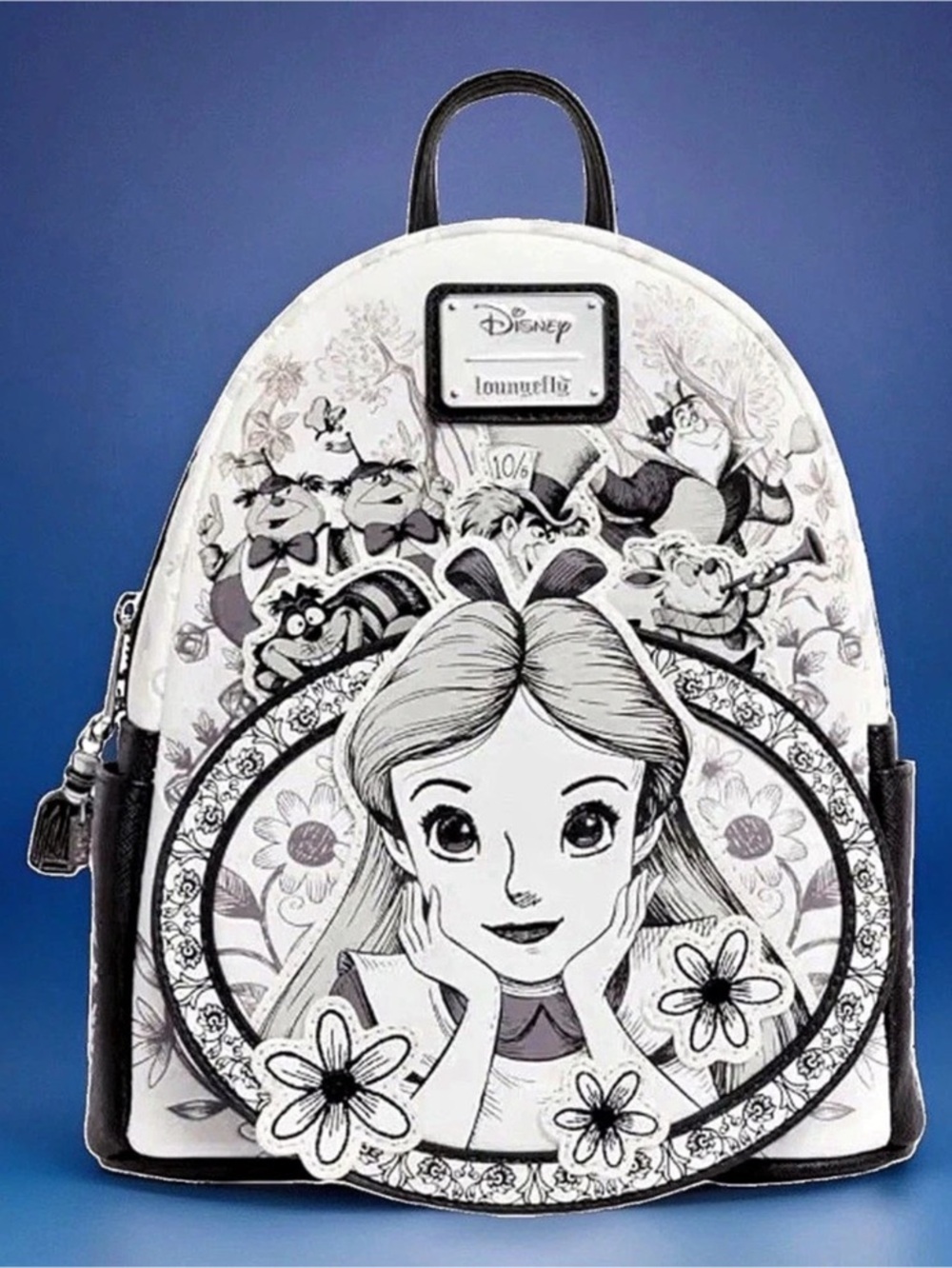 NEW Tags Disney Alice In Wonderland Cheshire Black & White Tonal Sketch Backpack